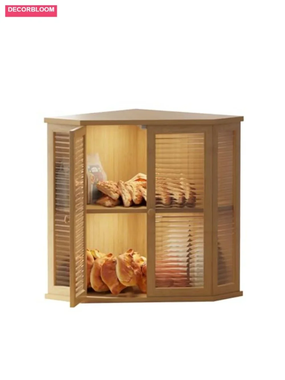 Corner Bread Box - Wood with Glass Door, Large Kitchen Countertop Storage for